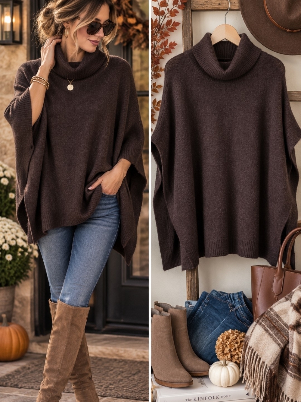 Chocolate Brown Cowl Neck Oversized Sweater Poncho Tunic Fall